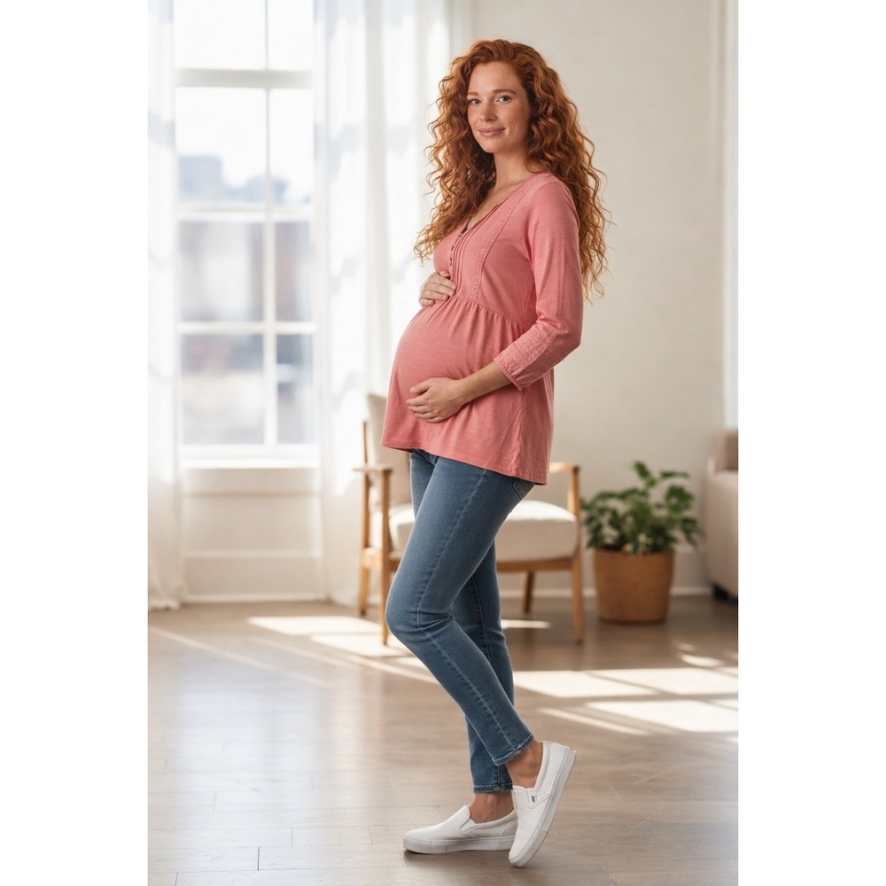 Bohemian Casual Pink Maternity Shirt Embroidered Sleeve Cottage Lightweight S